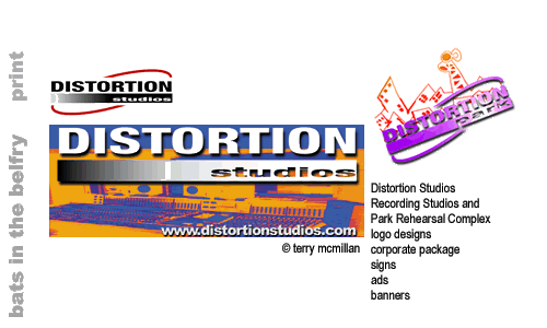 distortion studios recording studio and park rehearsal complex logo designs and corporate package sign ads and banners