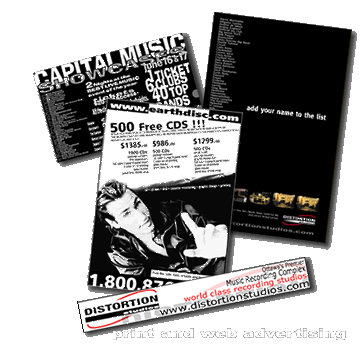 print and web advertising examples..capital music showcase, earthdisc, distortion studios